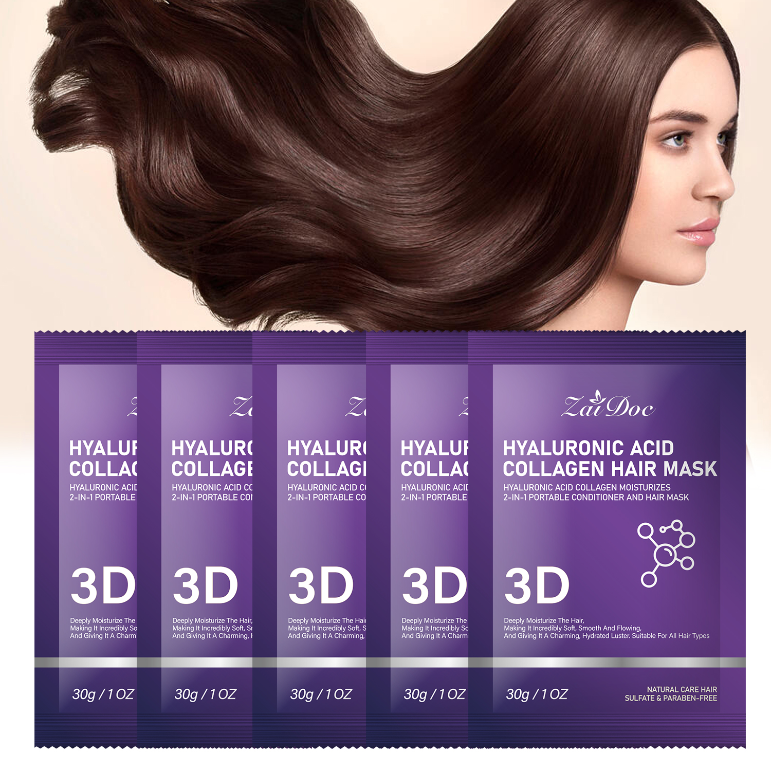 ZaiDoc Hyaluronic Acid & Collagen 3D Hair Mask – 2-in-1 Deep Conditioning Treatment, 7-Minute Intense Moisture, Sulfate-Free, 30g