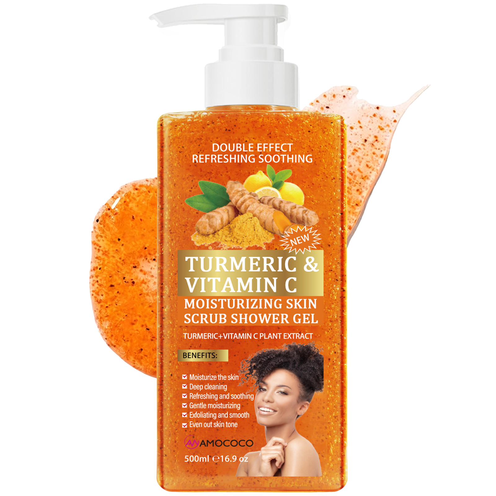 Amococo Turmeric & Vitamin C Scrub Shower Gel – 2-in-1 Exfoliating & Cleansing Body Wash, Moisturizing, Brightening, 500ml