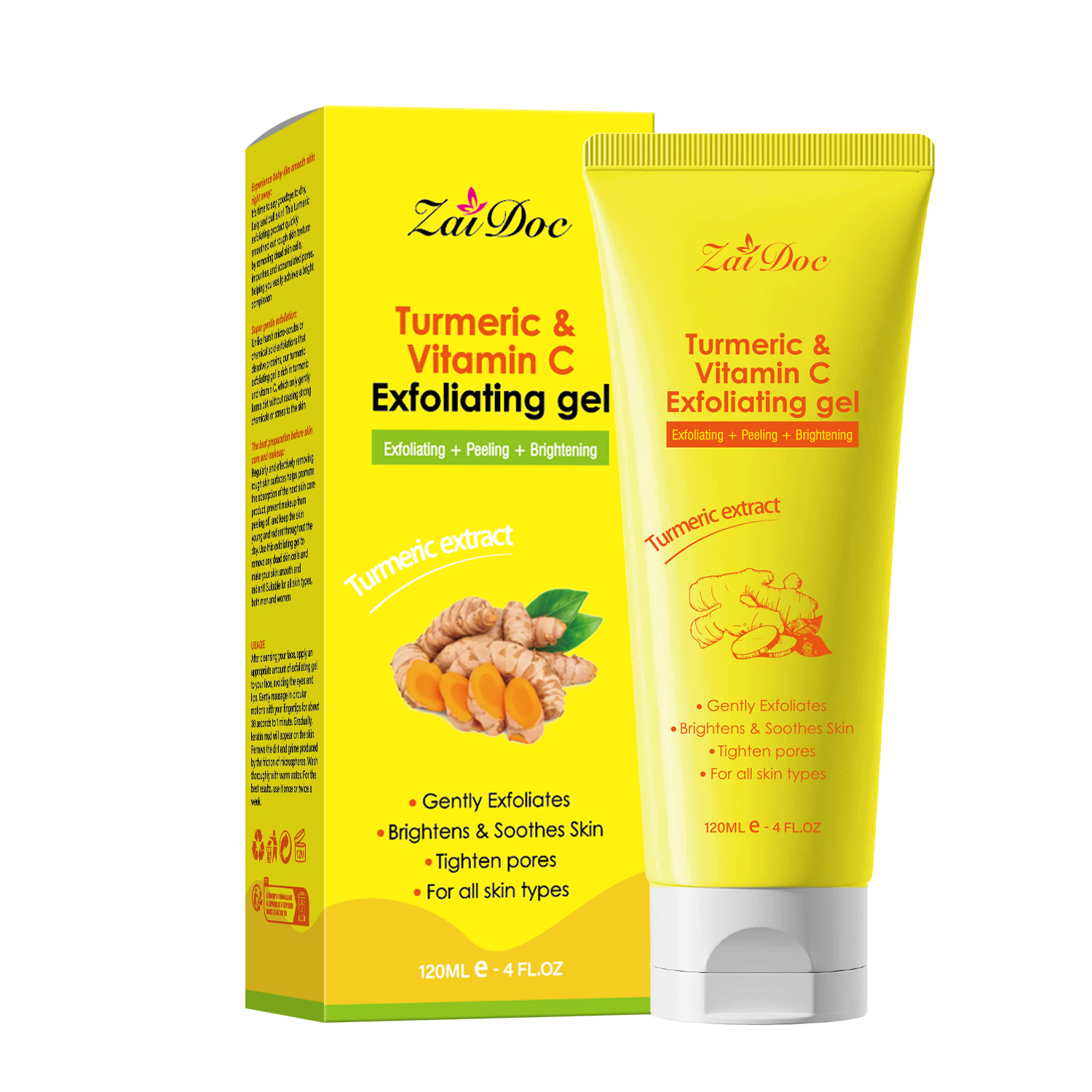 ZaiDoc Turmeric & Vitamin C Exfoliating Gel – Gentle Face & Body Exfoliator, Removes Dead Skin, Blackheads & Excess Oil, Brightens Skin, 120ml/4oz