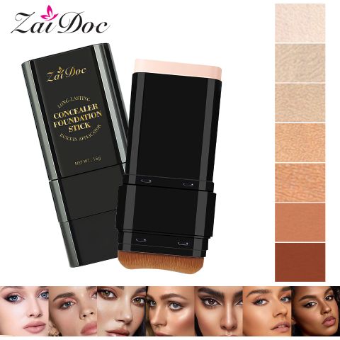 ZaiDoc 2-in-1 Concealer & Foundation Stick – Long-Lasting Full Coverage Cream Stick with Built-in M-Shaped Blending Brush, Waterproof Smudge-Proof, Covers Dark Circles, Acne & Imperfections, 7 Shades