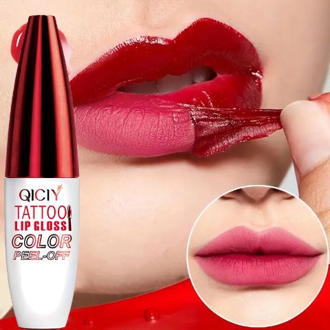 QICIY Tattoo Lip Gloss – Peel-Off Lip Stain, Long-Lasting 3-Day Color, Non-Stick Cup, Waterproof, High Pigment, 4 Colors Available, 10g/0.35oz